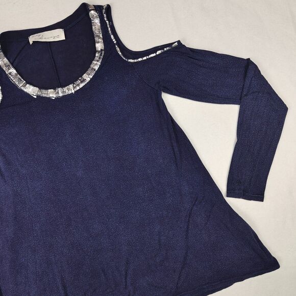 Vintage Havana Distressed Silver Trim Cold Shoulder Tunic Top Size S Y2K Flowy - Picture 4 of 9